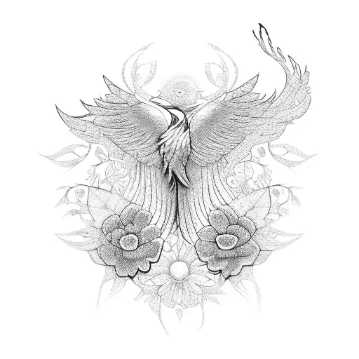 A phoenix intertwined with a vine of flowers, each bloom representing a different friend and their unique qualities tattoo design idea