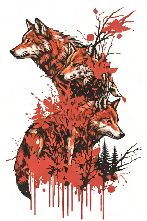 2 wolves in a forest tattoo design idea
