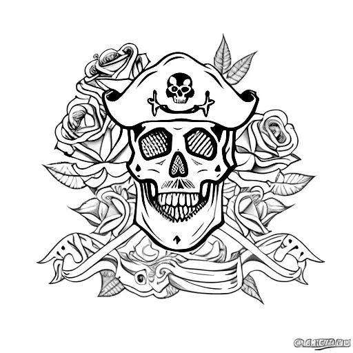 skull with roses and pirate gun tattoo design idea
