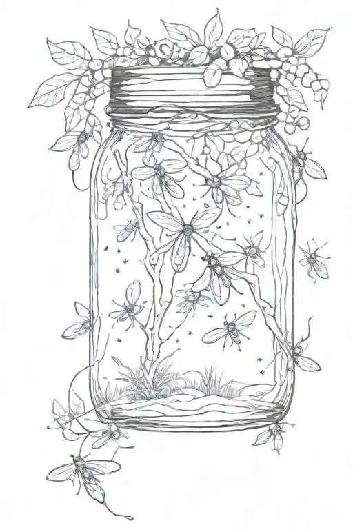 I want a mason jar with a vine wrapped around it. Inside a camp site with fireflies flying out of the jar tattoo design idea
