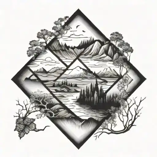 rhombus divided in two. At the top there is a beautiful landscape and below a sinister one  tattoo design idea