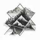 Draw a rhombus that is divided into two parts: a top and a bottom. The two parts are divided by a mountain in the shape  tattoo design idea