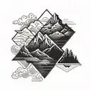 Draw a rhombus that is divided into two parts: a top and a bottom. The two parts are divided by a mountain in the shape  tattoo design idea