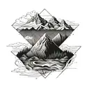 Draw a rhombus that is divided into two parts: a top and a bottom. The two parts are divided by a mountain in the shape  tattoo design idea