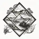 rhombus divided in two. At the top there is a beautiful landscape and below a sinister one  tattoo design idea