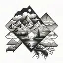 rhombus divided in two. At the top there is a beautiful landscape and below a sinister one  tattoo design idea