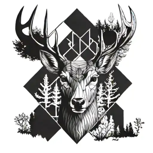 Forest blackout symmetrical geometric  deer face tattoo design idea