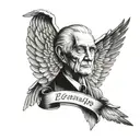 A tattoo design featuring a portrait of your grandpa with angel wings, symbolizing his memory and presence in your life tattoo design idea