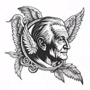 A tattoo design featuring a portrait of your grandpa with angel wings, symbolizing his memory and presence in your life tattoo design idea