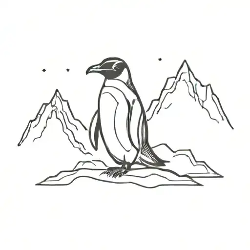 a lonely penguin looks towards a vast range of icy mountains tattoo design idea