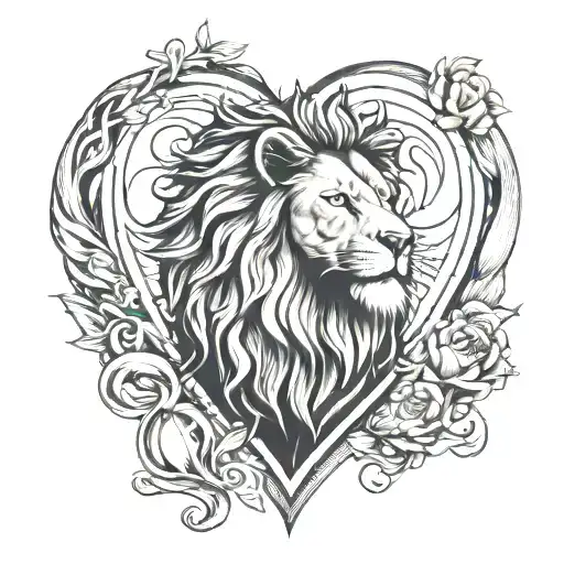 lion inside a human heart surrounded tattoo design idea