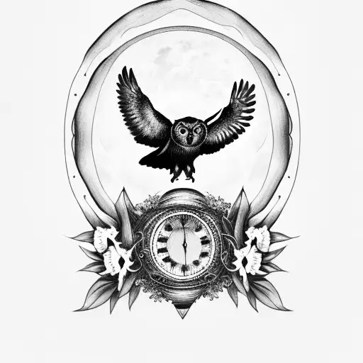 an owl and raven on top of an hourglass with a full moon within an oval frame of vines with 7 lilies tattoo design idea