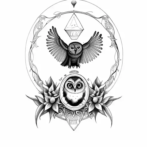 an owl and raven on top of an hourglass with a full moon within an oval frame of vines with 7 lilies tattoo design idea
