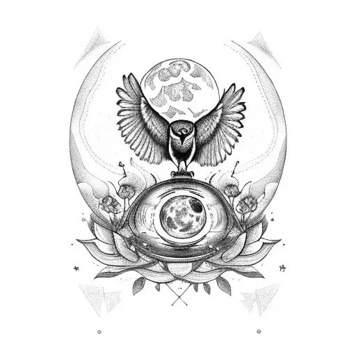 an owl and raven on top of an hourglass with a full moon within an oval frame of vines with 7 lilies tattoo design idea