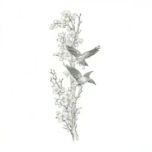 2 crows fly in front of cherry blossom branches measuring 15 centimeters tattoo design idea