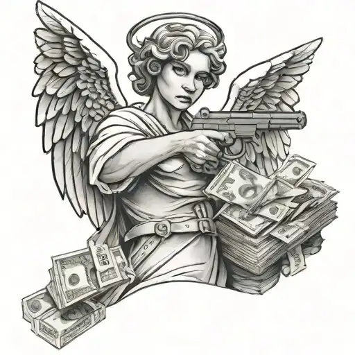 angel holding a gun and money tattoo design idea