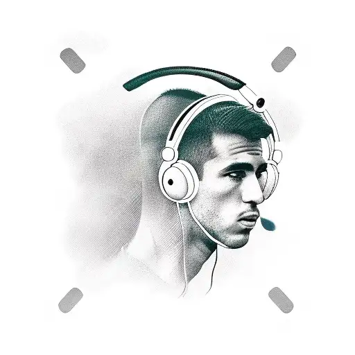 A new-school tattoo of a Barcelona football player wearing headphones and holding a controller tattoo design idea