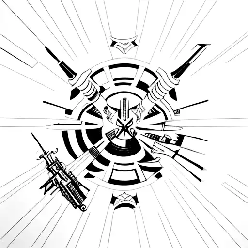 A conceptual artwork depicting the evolution of warfare throughout history, merging elements like mascaras de guerra, spears, and modern fighter planes tattoo design idea