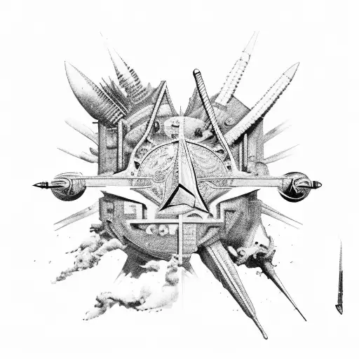 A conceptual artwork depicting the evolution of warfare throughout history, merging elements like mascaras de guerra, spears, and modern fighter planes tattoo design idea