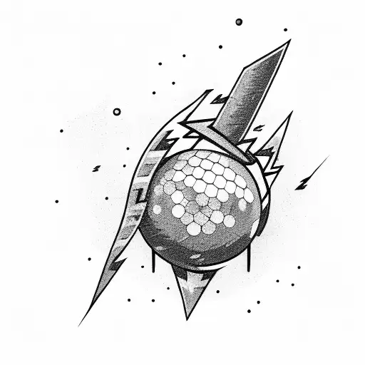 A bowling ball crashing through a brick wall, surrounded by lightning bolts tattoo design idea