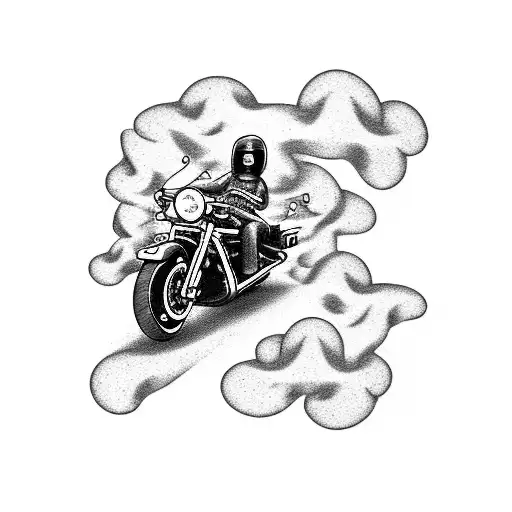 A motorcycle speeding down a winding road with a trail of magical smoke behind it tattoo design idea