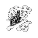 A motorcycle speeding down a winding road with a trail of magical smoke behind it tattoo design idea