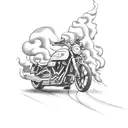 A motorcycle speeding down a winding road with a trail of magical smoke behind it tattoo design idea