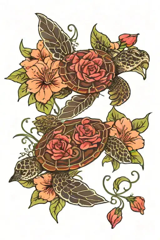 sea turtle swimming, hummingbird flying, lily flower, carnation flower, Hibiscus flower, dragonfly tattoo design idea
