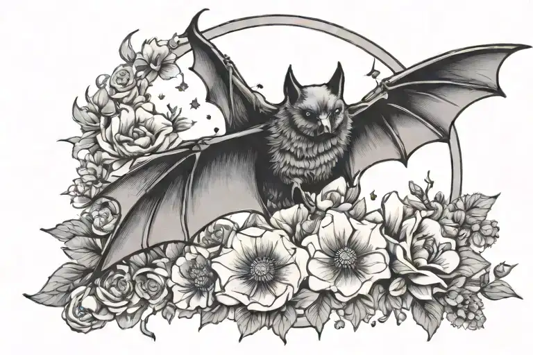 bat with a gem stone surrounded by flowers and moon tattoo design idea