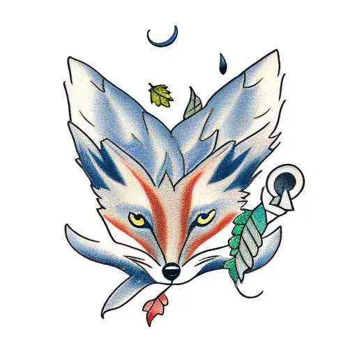 Fox with a bluejay and oak leaves tattoo design idea