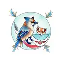 Fox with a bluejay and oak leaves tattoo design idea