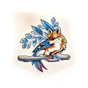 Fox with a bluejay and oak leaves tattoo design idea