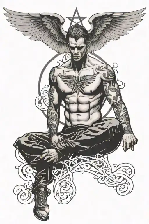 a man with wings and a pentagram on his chest tattoo design idea