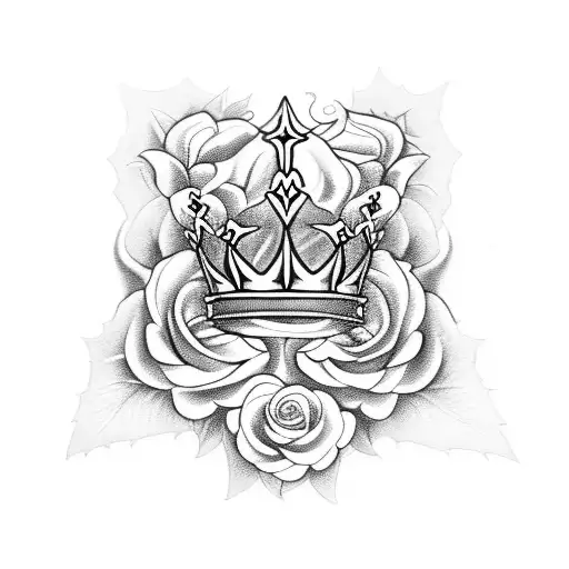 queen's crown with  fleur de lis surrounded by roses and flames tattoo design idea