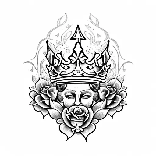 queen's crown with  fleur de lis surrounded by roses and flames tattoo design idea