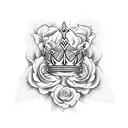 queen's crown with  fleur de lis surrounded by roses and flames tattoo design idea