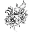 queen's crown with  fleur de lis surrounded by roses and flames tattoo design idea