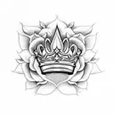 queen's crown with  fleur de lis surrounded by roses tattoo design idea