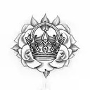 queen's crown with  fleur de lis surrounded by roses tattoo design idea