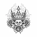 queen's crown with  fleur de lis surrounded by roses and flames tattoo design idea