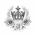 queen's crown with  fleur de lis surrounded by roses and flames tattoo design idea