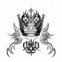 queen's crown with  fleur de lis surrounded by roses and flames tattoo design idea