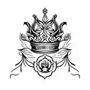 queen's crown with  fleur de lis surrounded by roses and flames tattoo design idea