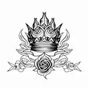 queen's crown with  fleur de lis surrounded by roses and flames tattoo design idea
