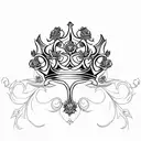 queen's crown with  fleur de lis surrounded by roses and flames tattoo design idea