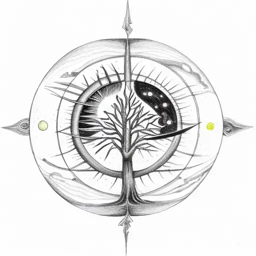 Tree of Life real tree turning into Kabbalah tree of life with planets and sun and moon tattoo design idea