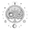Tree of Life real tree turning into Kabbalah tree of life with planets and sun and moon tattoo design idea