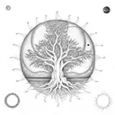 Tree of Life real tree turning into Kabbalah tree of life with planets and sun and moon tattoo design idea
