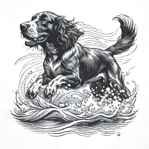 Detailed black-grey tattoo of a Springer spaniel swimming in a triathlon competition tattoo design idea