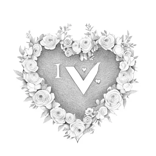 A heart-shaped floral wreath with the names of your kids and husband intertwined tattoo design idea